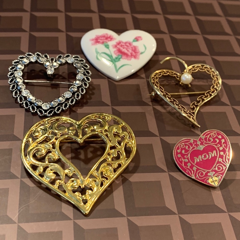 Five heart Brooches including‎ Avon - silver toned heart can also be pendant